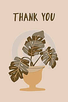 Hand drawn card or poster with plant in a pot and lettering With Love. Monstera beige background. Flat vector illustration for