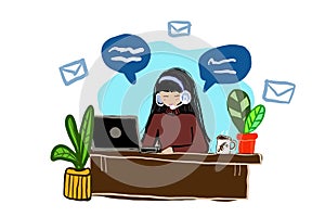 Hand drawn cartoon Asian girl Wearing Headsets and Using the Computer for a Hotline or Call Center. Customers service online servi