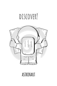 Hand drawn cartoon astronaut in spacesuit back view. Line art cosmic vector illustration astronaut look at the map, looking for so