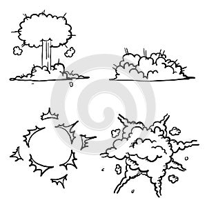 Hand drawn Cartoon bomb explosion. Dynamite explosions, danger explosive bomb detonation and atomic bombs cloud comics. Bomb