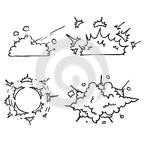 Hand drawn Cartoon bomb explosion. Dynamite explosions, danger explosive bomb detonation and atomic bombs cloud comics. Bomb