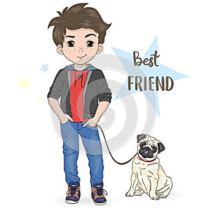 Hand drawn cartoon boy with dog pug.