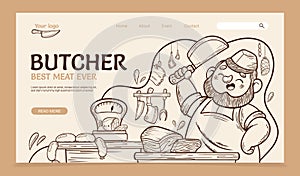 Hand drawn cartoon butchery landing page template