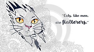 hand drawn cartoon cat doodle with quote for adult coloring page