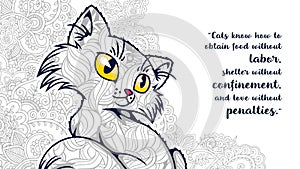 hand drawn cartoon cat doodle with quote for adult coloring page