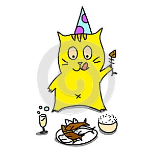 Hand-drawn cartoon cat relax dining party photo