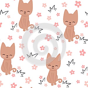 hand drawn cartoon character brown cat and daisy flowers seamless vector pattern background illustration