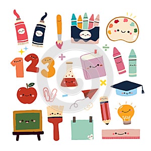 Hand Drawn cartoon characters of school stationary Set 2. Back to school kawaii vector