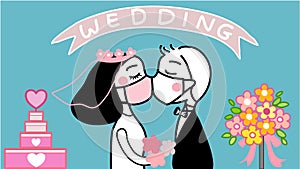 Hand drawn cartoon couple in the wedding during covid-19