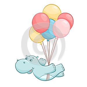 Hand drawn cartoon cute hippo flying on balloons vector illustration. Hippopotamus isolated on white. Cute baby