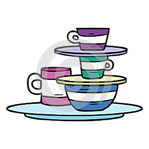 hand drawn cartoon doodle of colourful bowls and plates