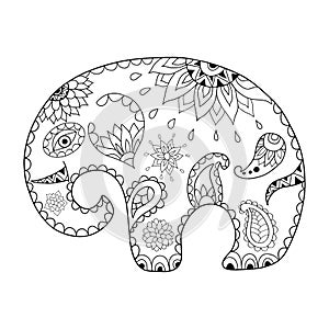 Hand drawn cartoon elephant for adult anti stress colouring page. Pattern for coloring book.