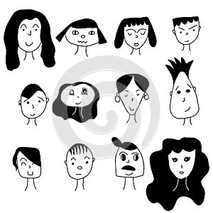 Hand-drawn cartoon faces crowd doodle collection of avatars, vector illustration