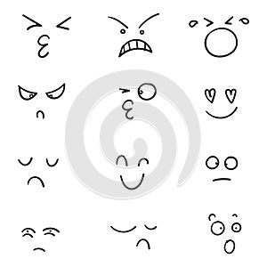 Hand drawn Cartoon faces. Expressive eyes and mouth, smiling, crying and surprised character face expressions. Caricature comic