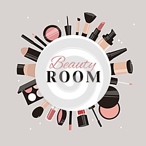 Hand Drawn Cartoon Fashion Illustration Makeup Tools. Vector Set Drawing Beauty Product. Art Work Collection Decorative Cosmetic