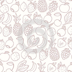 Hand drawn cartoon fruits seamless pattern. Fruit, multifruit and berry flavors. Outline food background