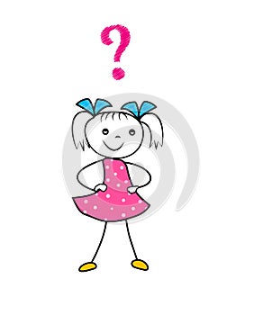 Hand drawn cartoon girl thinking with question mark. Asking decision doodle character isolated on white background.