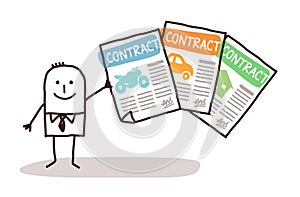 Cartoon Insurance Agent with Motorbike, Car and House Contracts photo