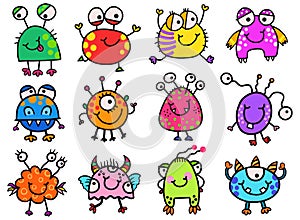 Hand Drawn Cartoon Little Kiddie Monster Doodles