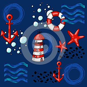 Hand drawn cartoon Marine seamless pattern with anchors lifebuoys lighthouse and starfish