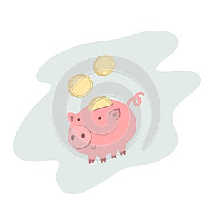 Hand drawn cartoon Piggy bank with coin and leaves, herbs. Vector Icon saving or accumulation of money, investment. Concept of