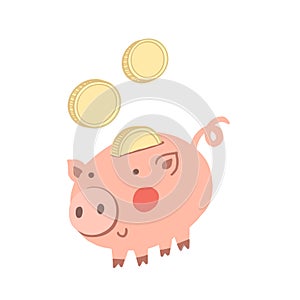 Hand drawn cartoon Piggy bank with coin. Vector Icon saving or accumulation of money, investment. Concept of banking or business