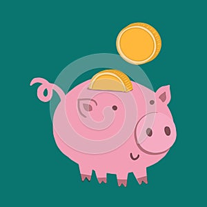 Hand drawn cartoon Piggy bank with coin. Vector Icon saving or accumulation of money, investment. Concept of banking or business