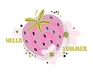 Hand drawn cartoon pink strawberry with lettering Hello summer. Summer fresh sweet berries and pink flowers. Vector