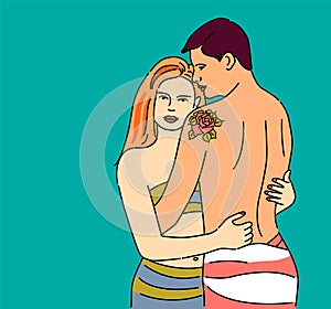 Hand drawn cartoon romantic couple on green background