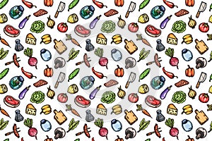 Hand drawn cartoon seamless pattern of food and kitchen stuff.