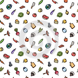 Hand drawn cartoon seamless pattern of food and kitchen stuff.