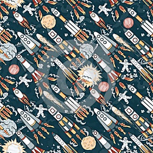 Hand dracartoon space seamless pattern. vector kids illustration