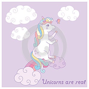 Hand drawn cartoon vector card with cute unicorn.