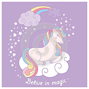 Hand drawn cartoon vector card with cute unicorn.