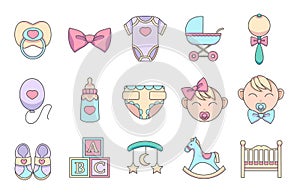 Hand drawn cartoon vector icons set for creating infographics related to children and babies , like pacifier, romper suit, baby bu