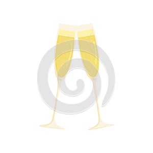 Hand drawn cartoon vector illustration of two champagne glasses. Celebration, party, winning. Isolated on white.