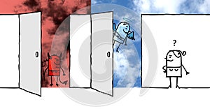 Cartoon woman front of two big opened doors : Heaven and Hell