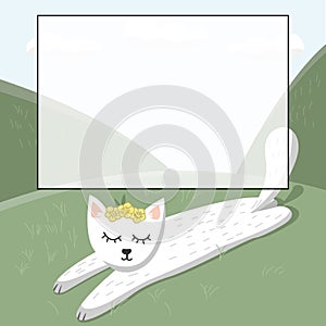 Hand drawn cat looking up to meow lettering text. Cute cartoon character. Kawaii animal. Love Greeting card.