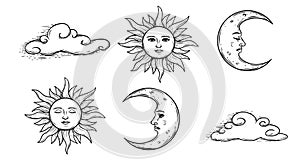 Hand drawn celestial elements. Sun, crescent moon with face and clouds.