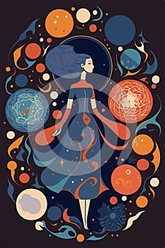 Hand drawn celestial illustrations depicting magical drawings. Woman in the middle of it.