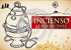 Hand Drawn Censer with Frankincense and Nativity Scene for Epiphany, Vector Illustration