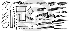Hand drawn chalk brush set. Grunge frames, squares, rectangles, arrows, and scribbled lines for sketch design. Vector