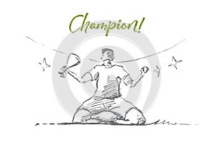 Hand drawn champion holding victory cup, lettering