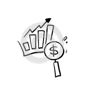 Hand drawn chart magnifying glass money symbol for economic Analysis illustration doodle icon
