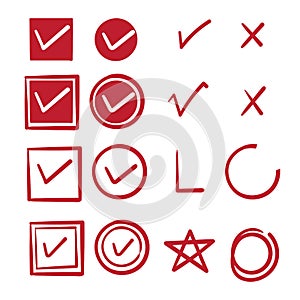 Hand drawn check mark, wrong mark, underline,star with hand drawn doodle line art style vector isolated on white background