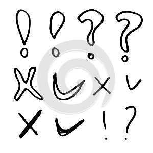 Hand drawn check marks, question marks and exclamation marks, on a white background