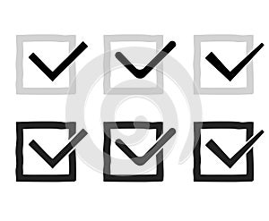 Hand drawn check marks or ticks confirm icons set