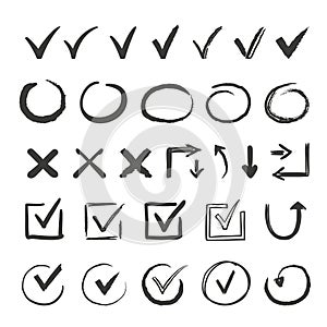 Hand drawn check signs. Doodle v mark for list items, checkbox chalk icons and sketch checkmarks. Vector checklist marks