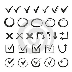 Hand drawn check signs. Doodle v mark for list items, checkbox chalk icons and sketch checkmarks. Vector checklist marks photo