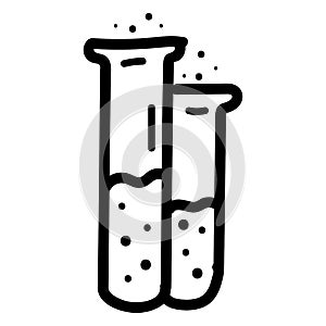 Hand drawn Chemical flasks with liquid icon in doodle style isolated.